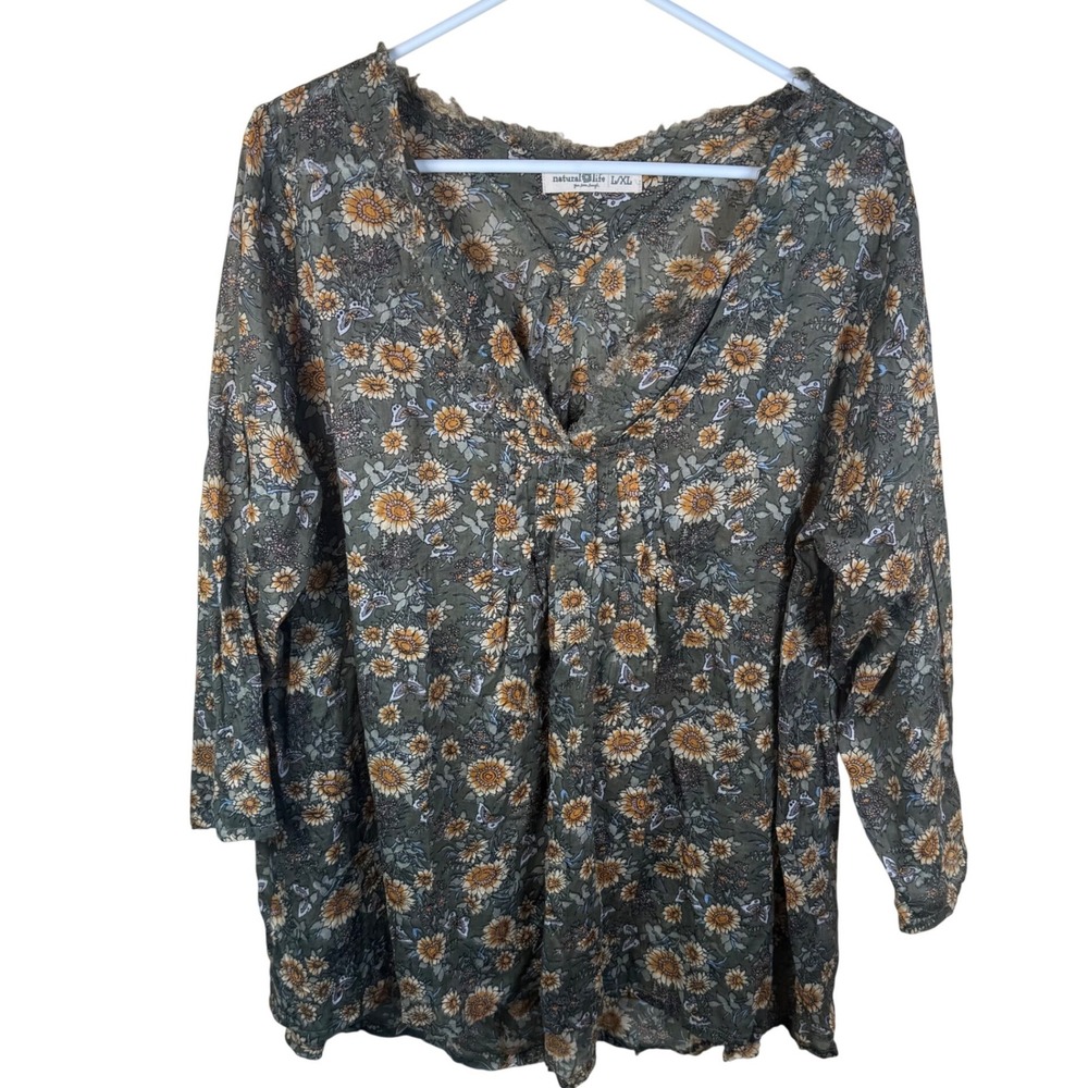 Natural Life Floral Sunflower Tunic Women L/XL Green Boho Peasant Festival Airy